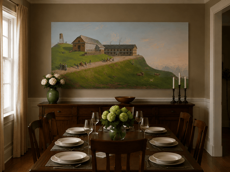 Landscape Oil Painting - Hilltop Alpine Lodge & Mountain Pasture