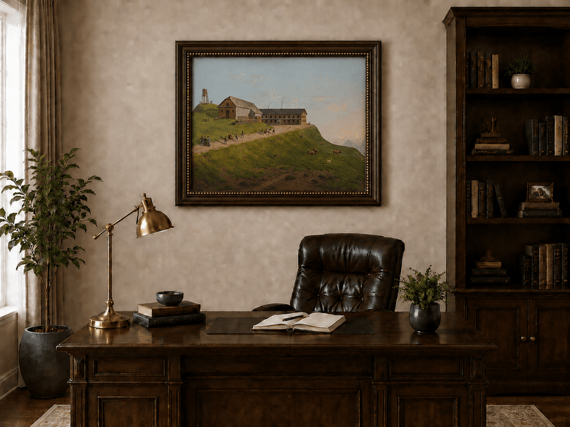 Landscape Oil Painting - Hilltop Alpine Lodge & Mountain Pasture