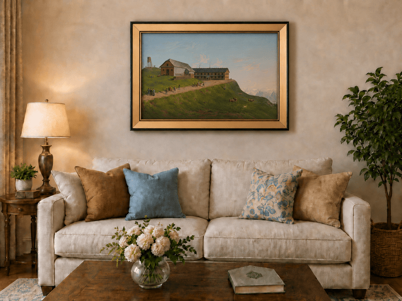 Landscape Oil Painting - Hilltop Alpine Lodge & Mountain Pasture