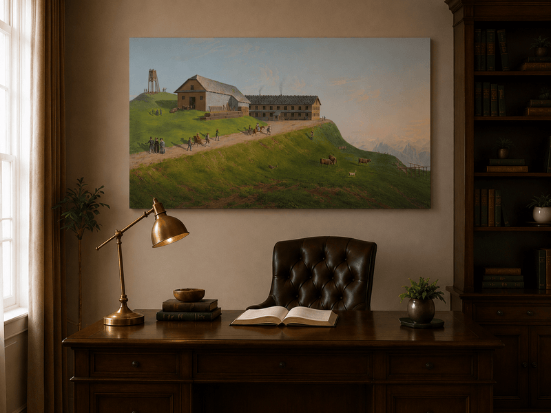 Landscape Oil Painting - Hilltop Alpine Lodge & Mountain Pasture