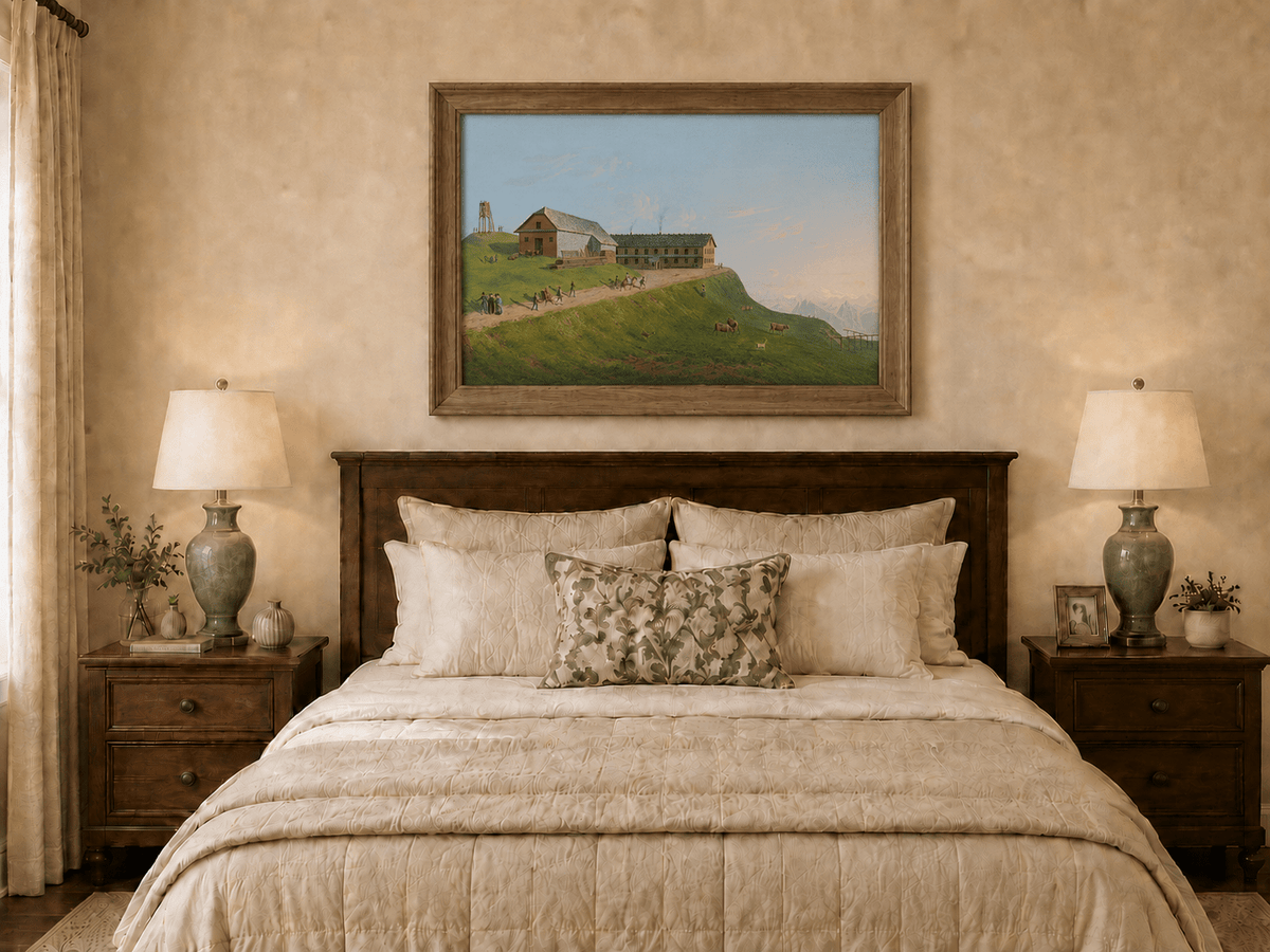 Landscape Oil Painting - Hilltop Alpine Lodge & Mountain Pasture
