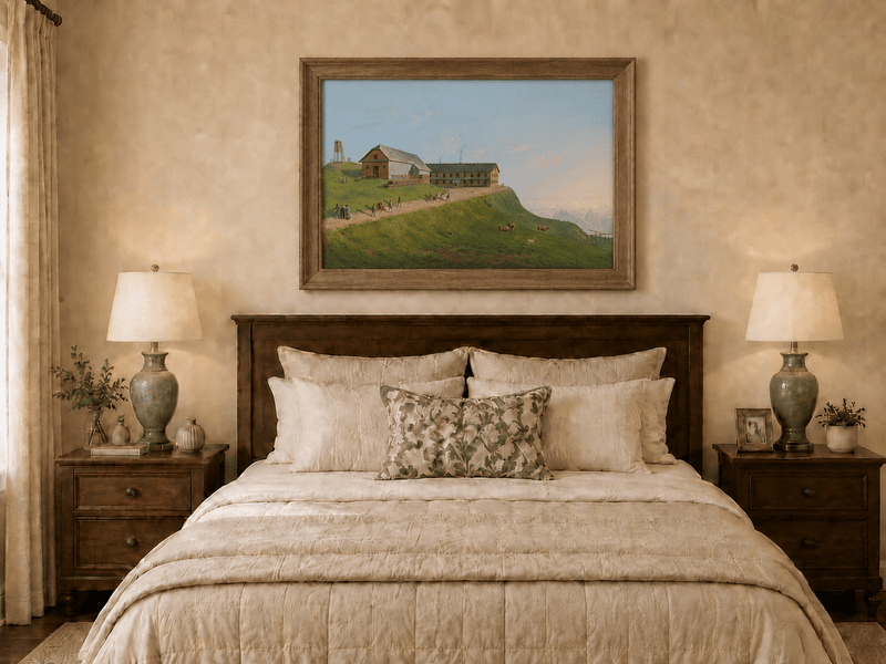 Landscape Oil Painting - Hilltop Alpine Lodge & Mountain Pasture