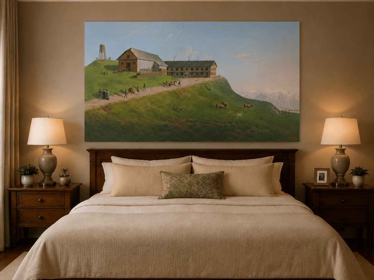 Landscape Oil Painting - Hilltop Alpine Lodge & Mountain Pasture