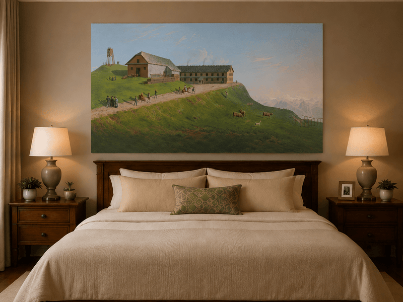 Landscape Oil Painting - Hilltop Alpine Lodge & Mountain Pasture