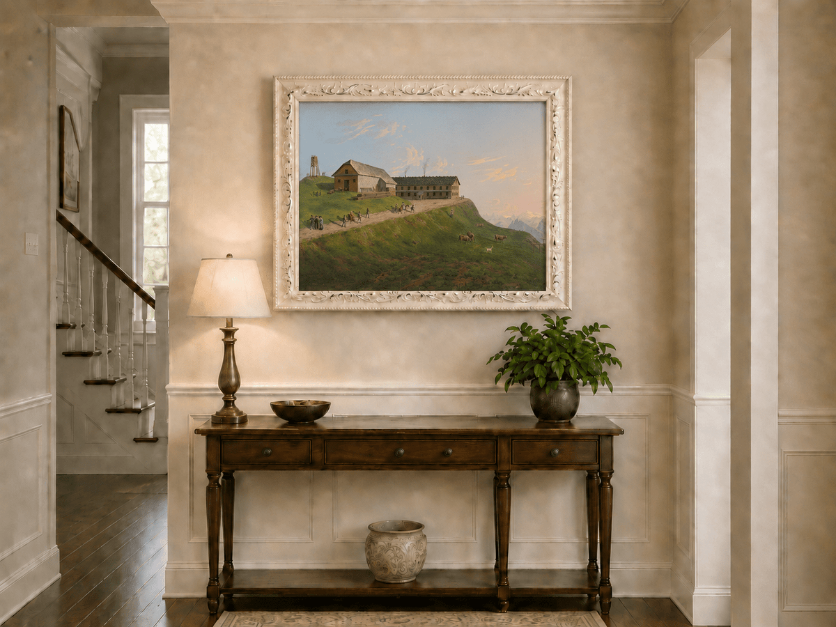 Landscape Oil Painting - Hilltop Alpine Lodge & Mountain Pasture
