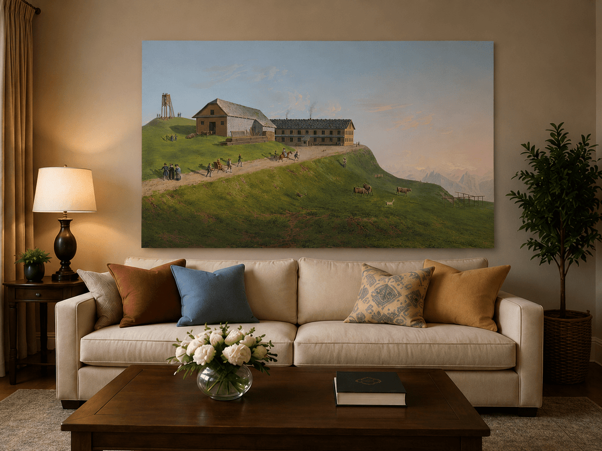 Landscape Oil Painting - Hilltop Alpine Lodge & Mountain Pasture