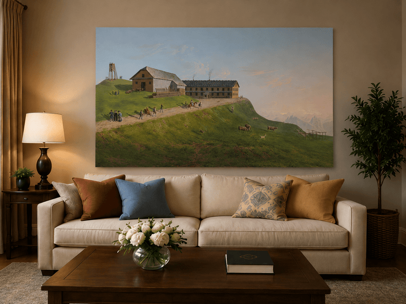 Landscape Oil Painting - Hilltop Alpine Lodge & Mountain Pasture