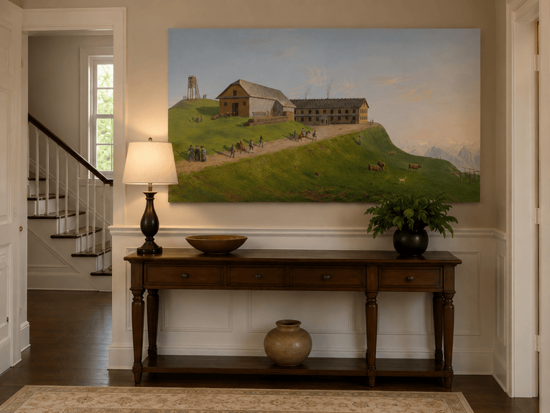 Landscape Oil Painting - Hilltop Alpine Lodge & Mountain Pasture
