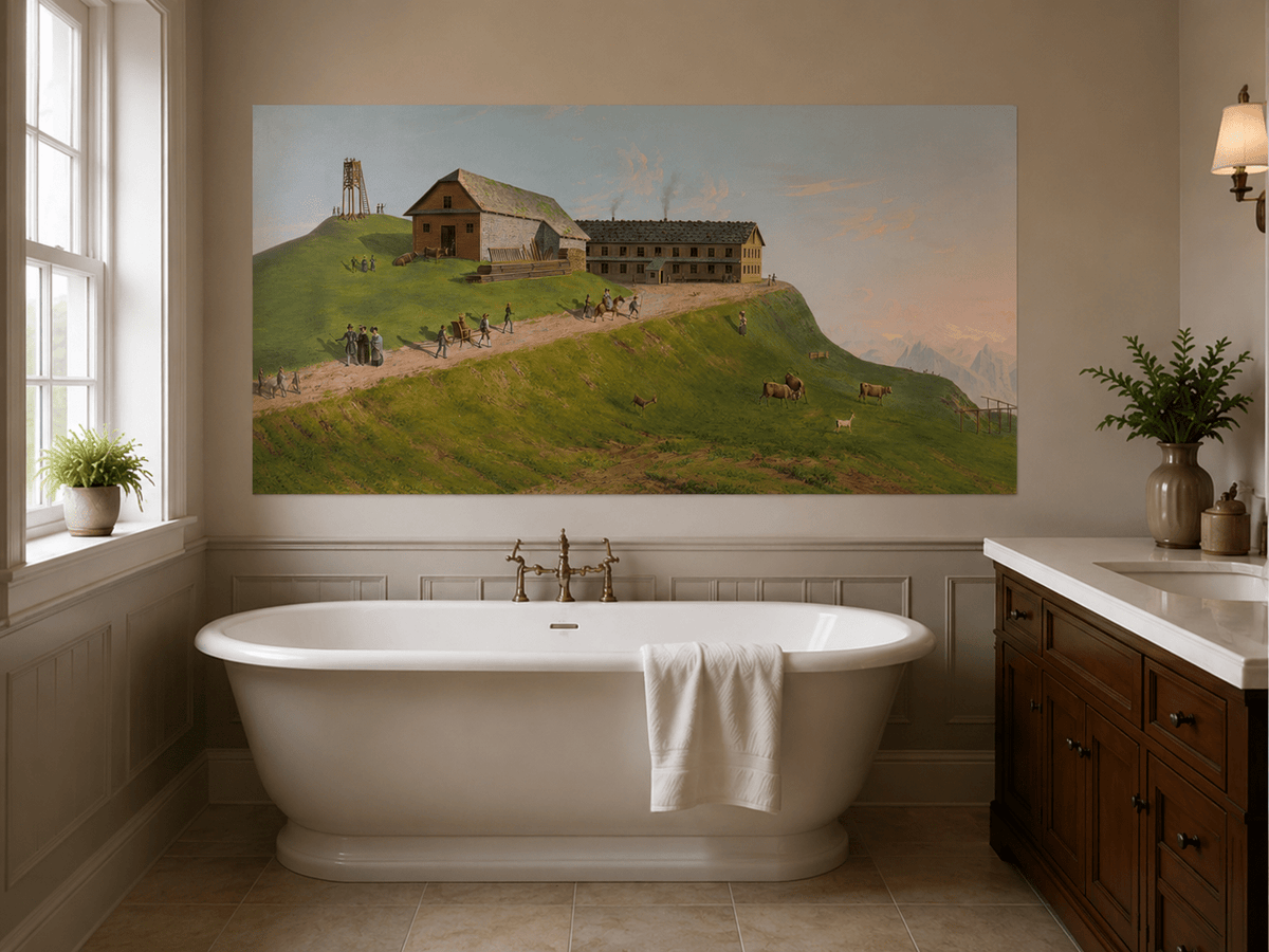Landscape Oil Painting - Hilltop Alpine Lodge & Mountain Pasture