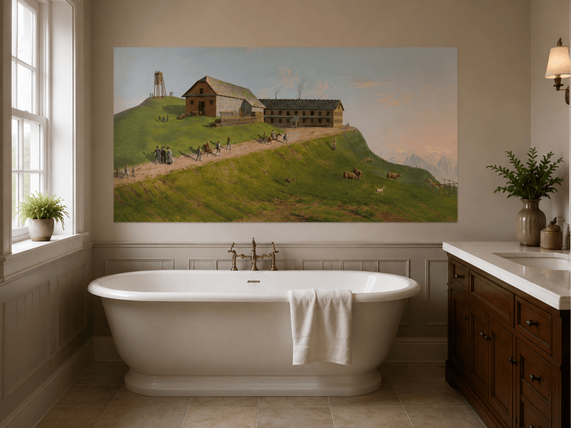 Landscape Oil Painting - Hilltop Alpine Lodge & Mountain Pasture