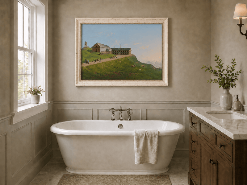 Landscape Oil Painting - Hilltop Alpine Lodge & Mountain Pasture