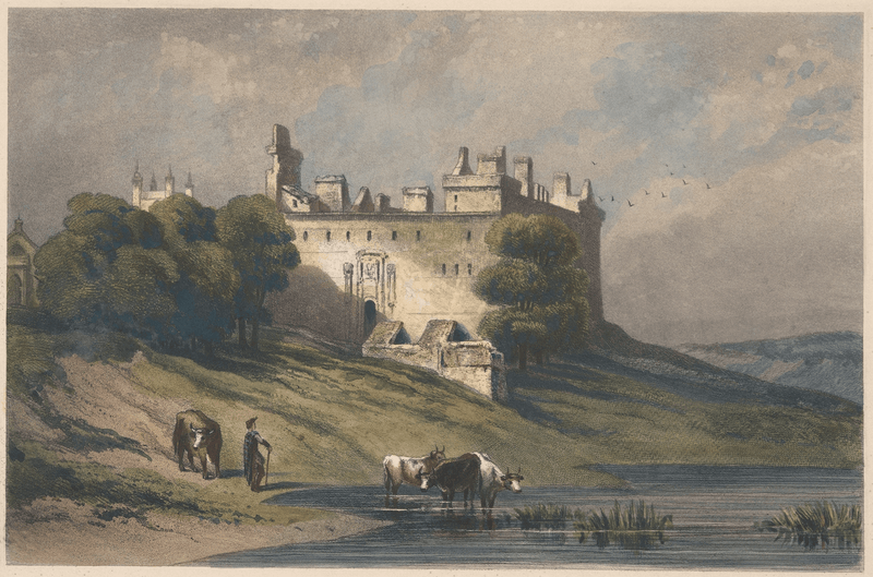 Landscape Oil Painting - Hilltop Castle and Cattle by the Lake - Oil Painting Haven
