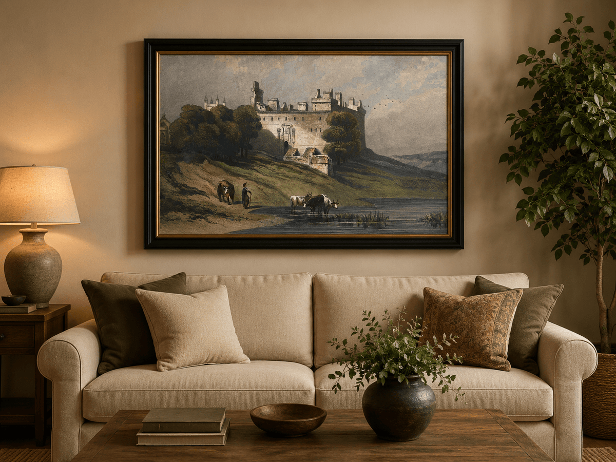 Landscape Oil Painting - Hilltop Castle and Cattle by the Lake