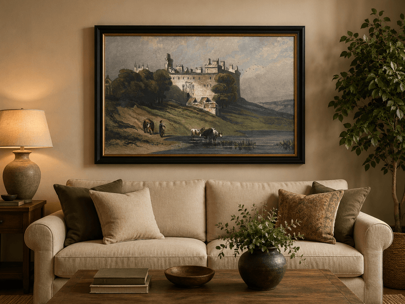 Landscape Oil Painting - Hilltop Castle and Cattle by the Lake