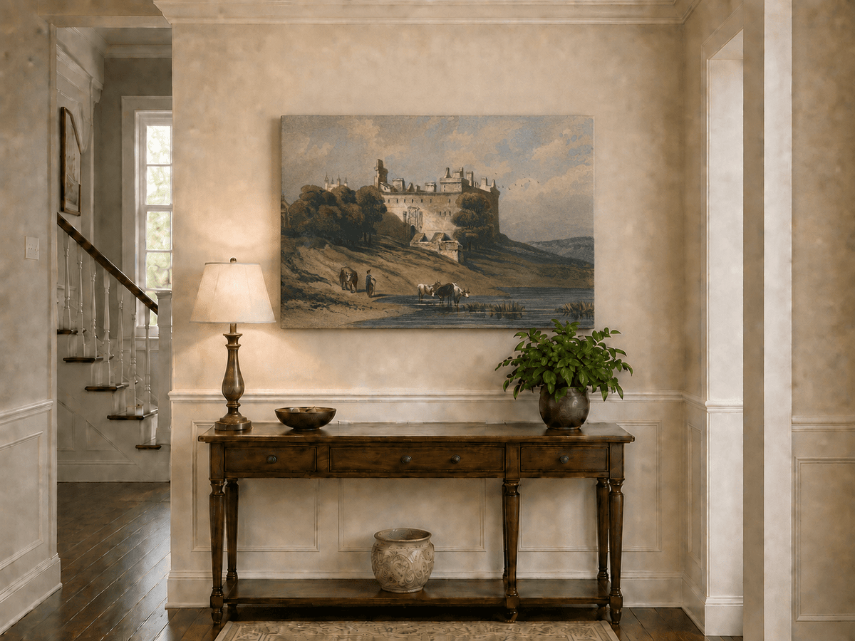 Landscape Oil Painting - Hilltop Castle and Cattle by the Lake