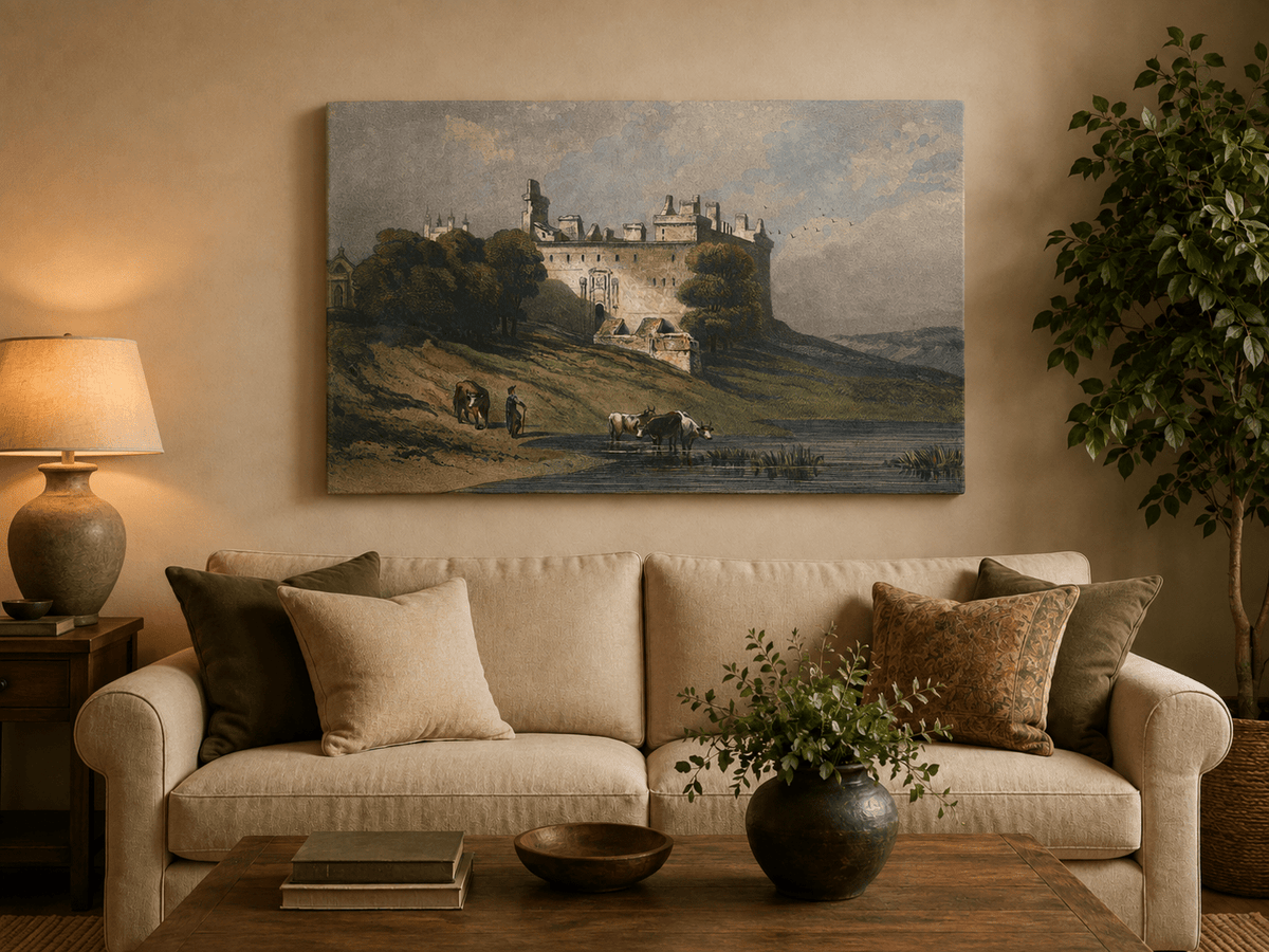 Landscape Oil Painting - Hilltop Castle and Cattle by the Lake
