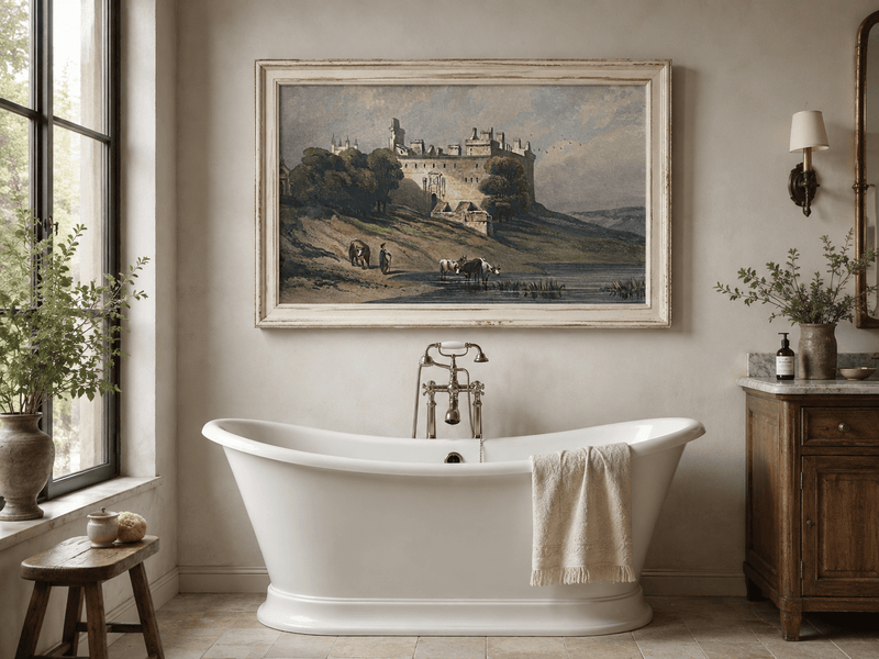 Landscape Oil Painting - Hilltop Castle and Cattle by the Lake