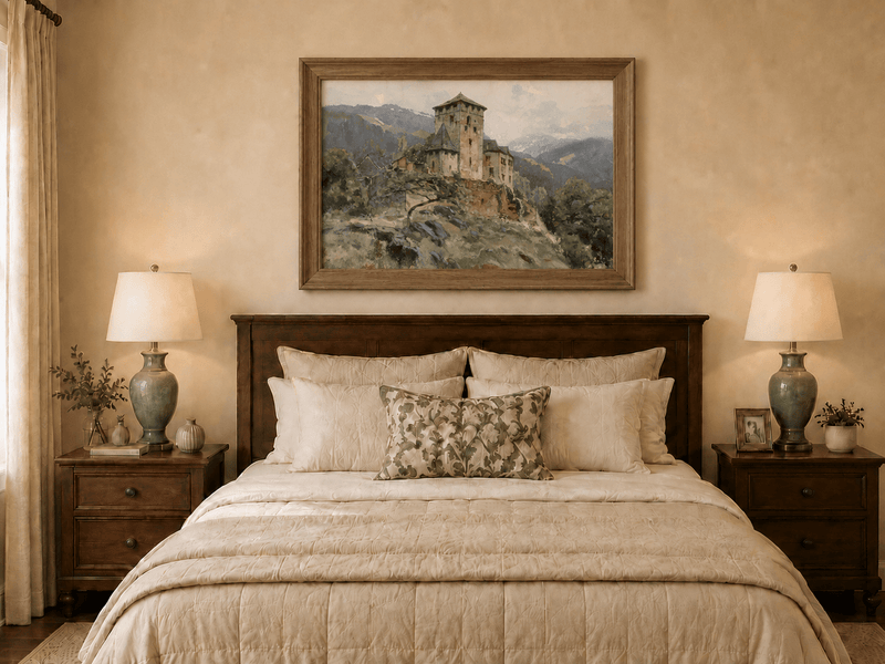 Landscape Oil Painting - Hilltop Castle in Mountain Mist