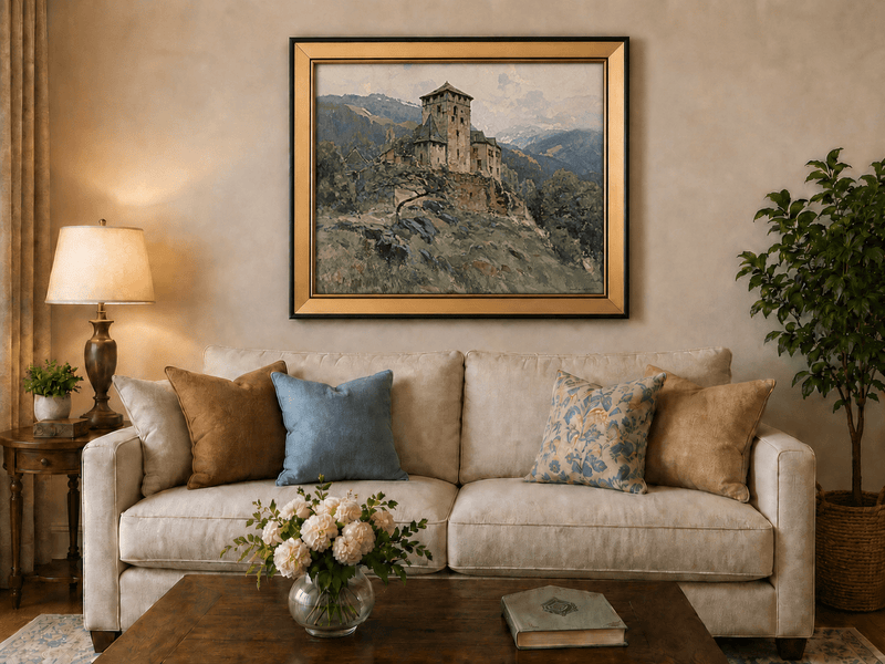 Landscape Oil Painting - Hilltop Castle in Mountain Mist