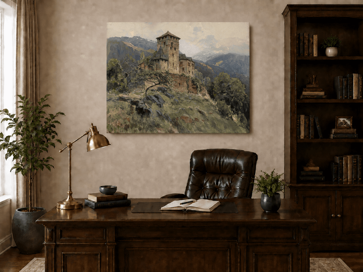 Landscape Oil Painting - Hilltop Castle in Mountain Mist