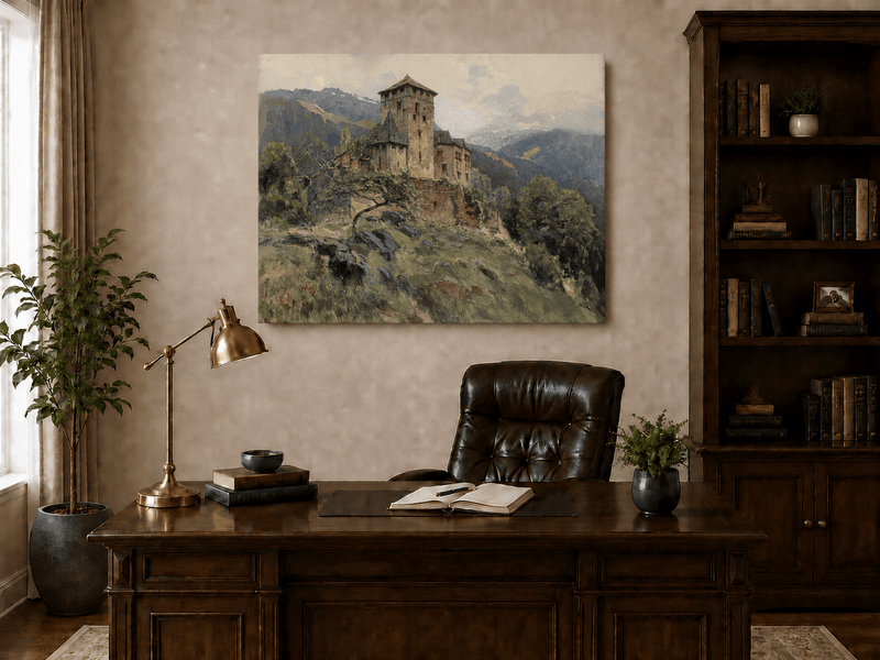 Landscape Oil Painting - Hilltop Castle in Mountain Mist
