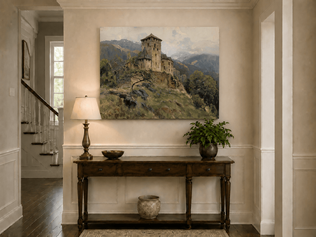 Landscape Oil Painting - Hilltop Castle in Mountain Mist