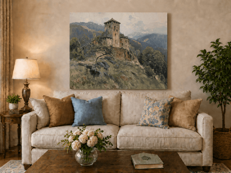 Landscape Oil Painting - Hilltop Castle in Mountain Mist