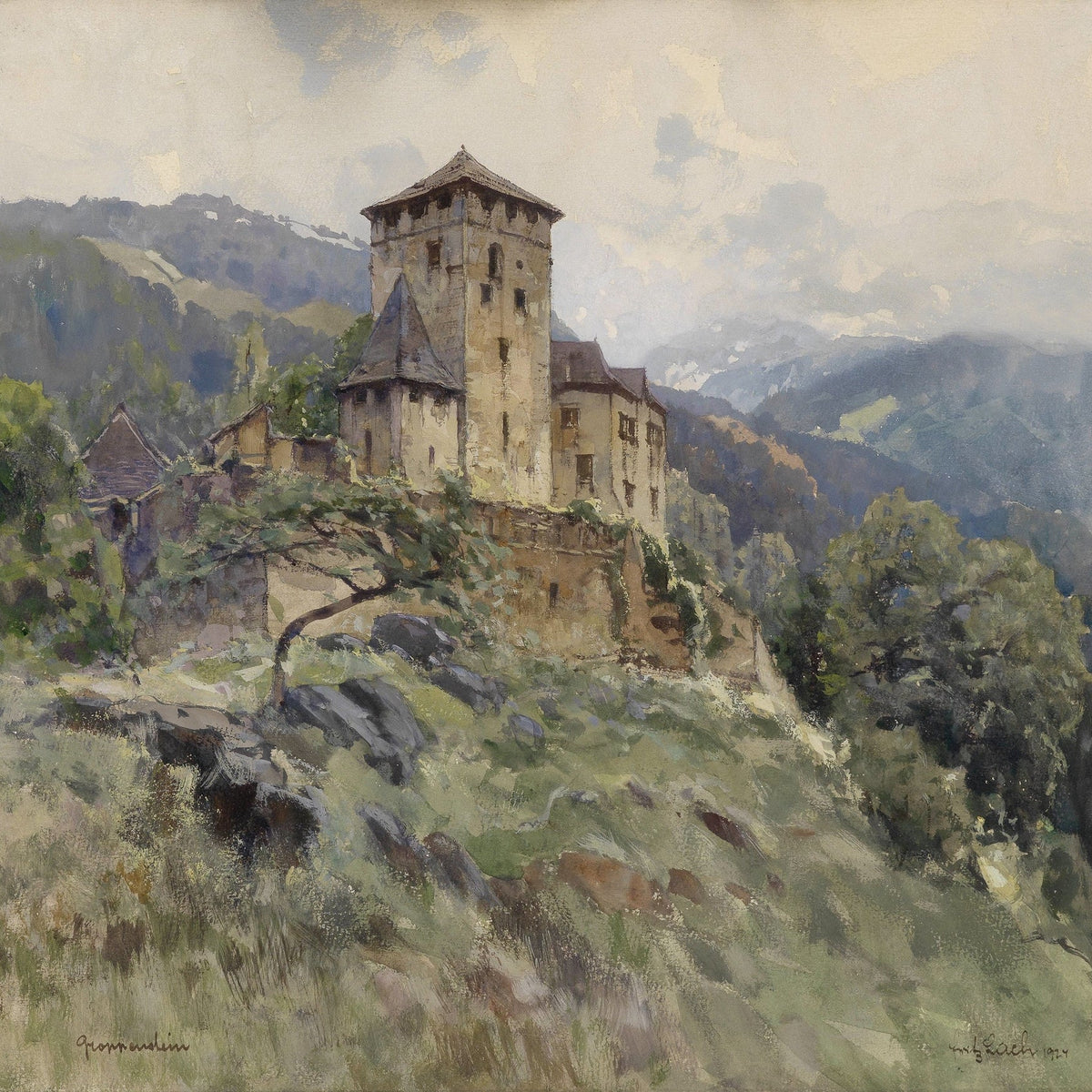 Hand-painted hilltop castle in mountain mist landscape oil painting on canvas