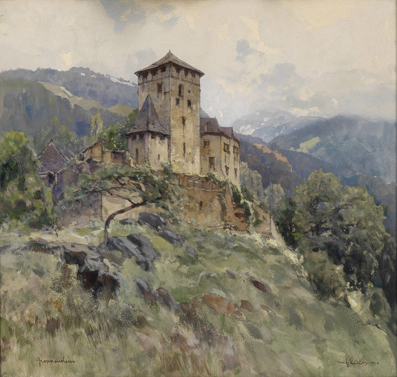 Hand-painted hilltop castle in mountain mist landscape oil painting on canvas