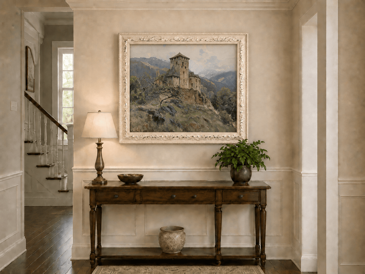 Landscape Oil Painting - Hilltop Castle in Mountain Mist