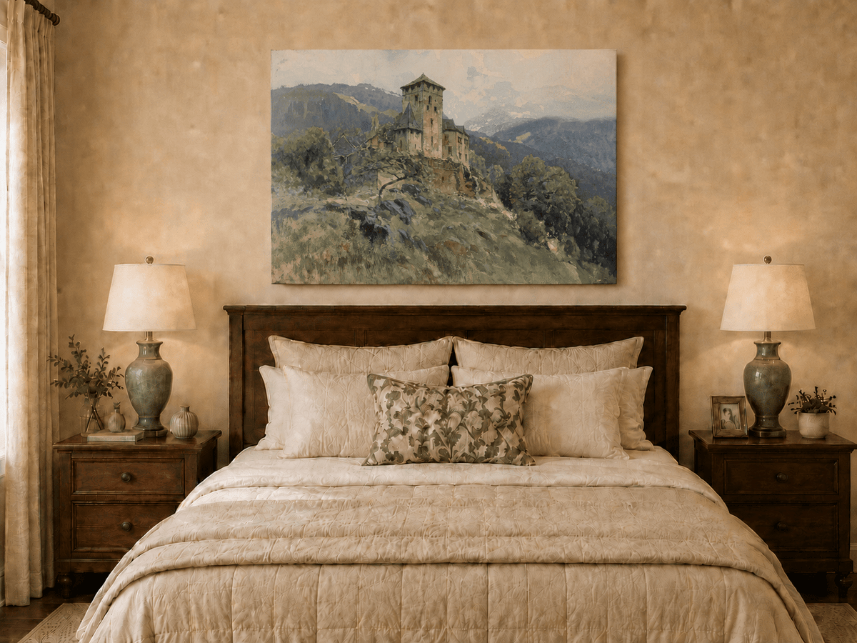 Landscape Oil Painting - Hilltop Castle in Mountain Mist