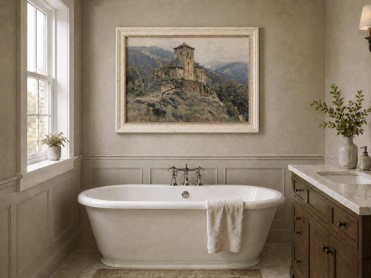 Landscape Oil Painting - Hilltop Castle in Mountain Mist