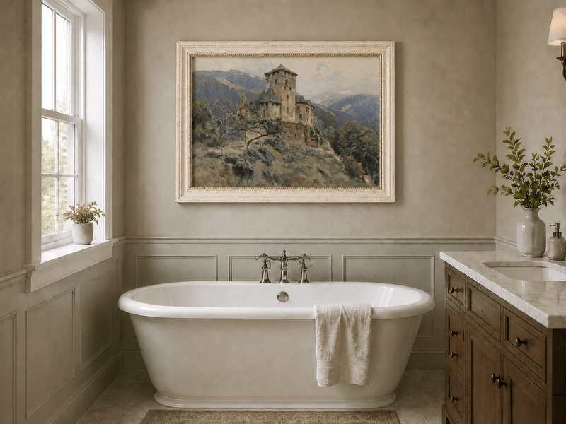 Landscape Oil Painting - Hilltop Castle in Mountain Mist
