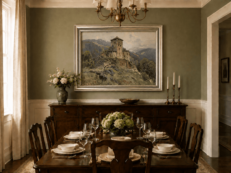 Landscape Oil Painting - Hilltop Castle in Mountain Mist
