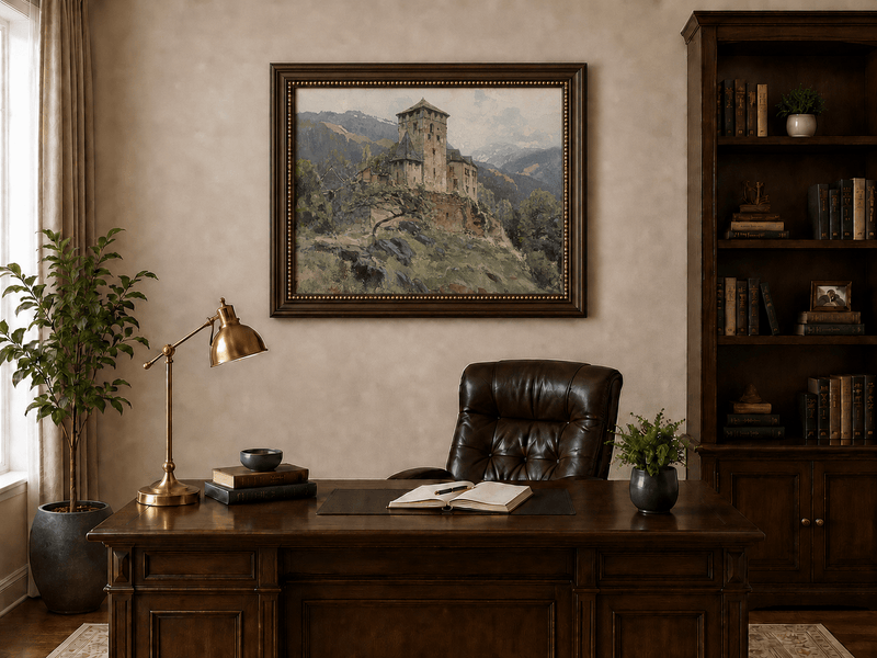 Landscape Oil Painting - Hilltop Castle in Mountain Mist