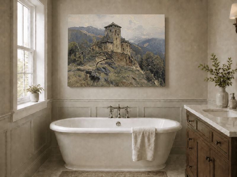 Landscape Oil Painting - Hilltop Castle in Mountain Mist