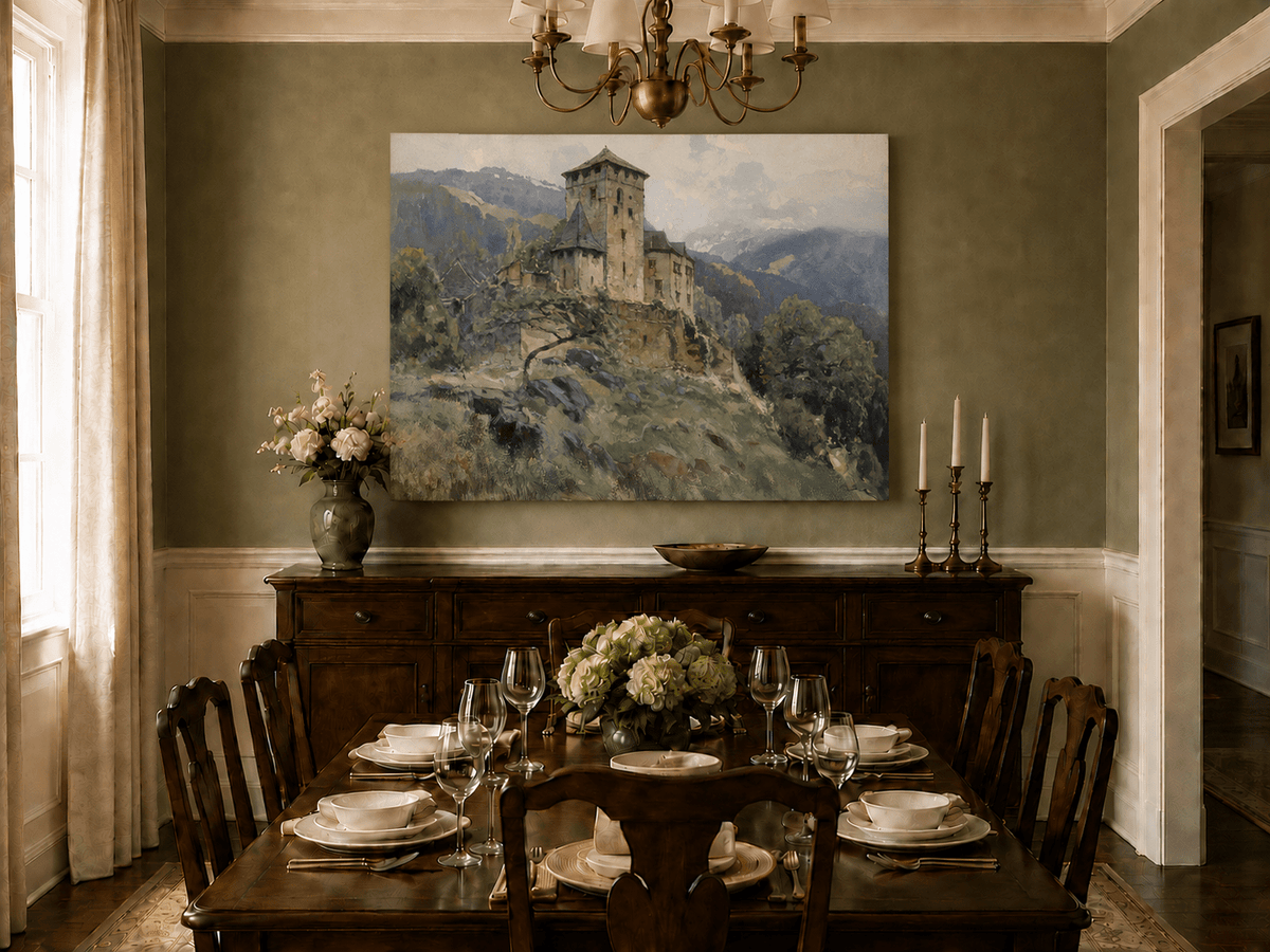 Landscape Oil Painting - Hilltop Castle in Mountain Mist