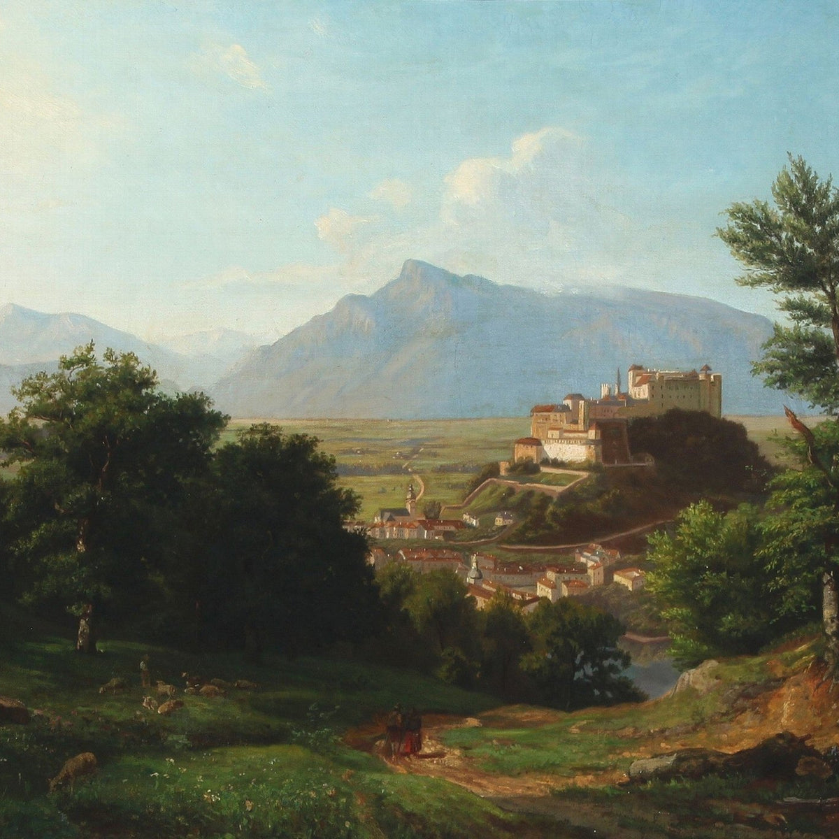 Landscape Oil Painting - Hilltop Castle & Valley Town & Path Figures - Oil Painting Haven