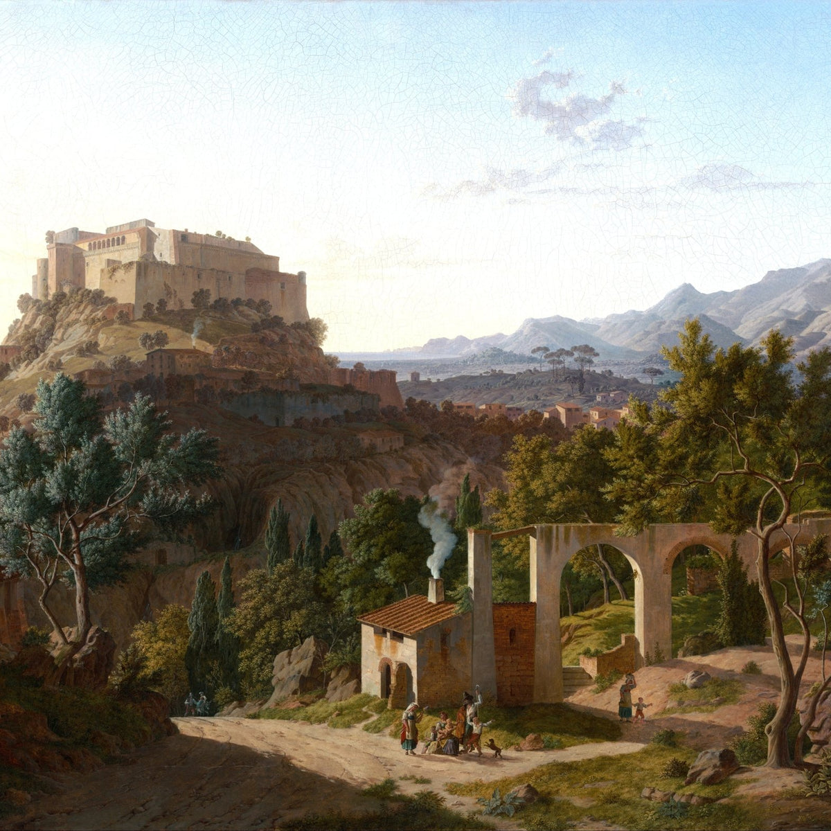 Landscape oil painting of a hilltop castle with figures near stone arches, hand painted oil on canvas with textured. - Add Frame, Architecture, Canvas, Castle, Figure, Hand Painted, Landscape, Made To Order, Mountain, Oil Painting