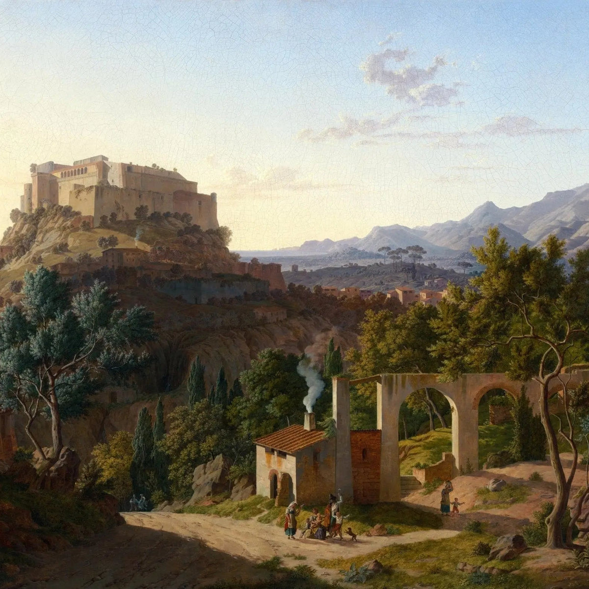 Landscape Oil Painting - Hilltop Castle with Figures & Arches - Oil Painting Haven