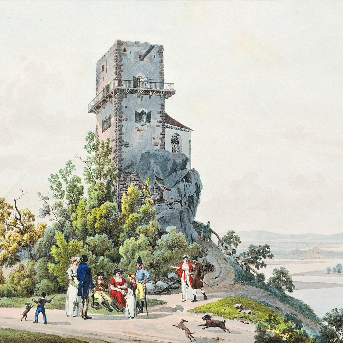Landscape Oil Painting - Hilltop Tower with Figures and Path - Oil Painting Haven
