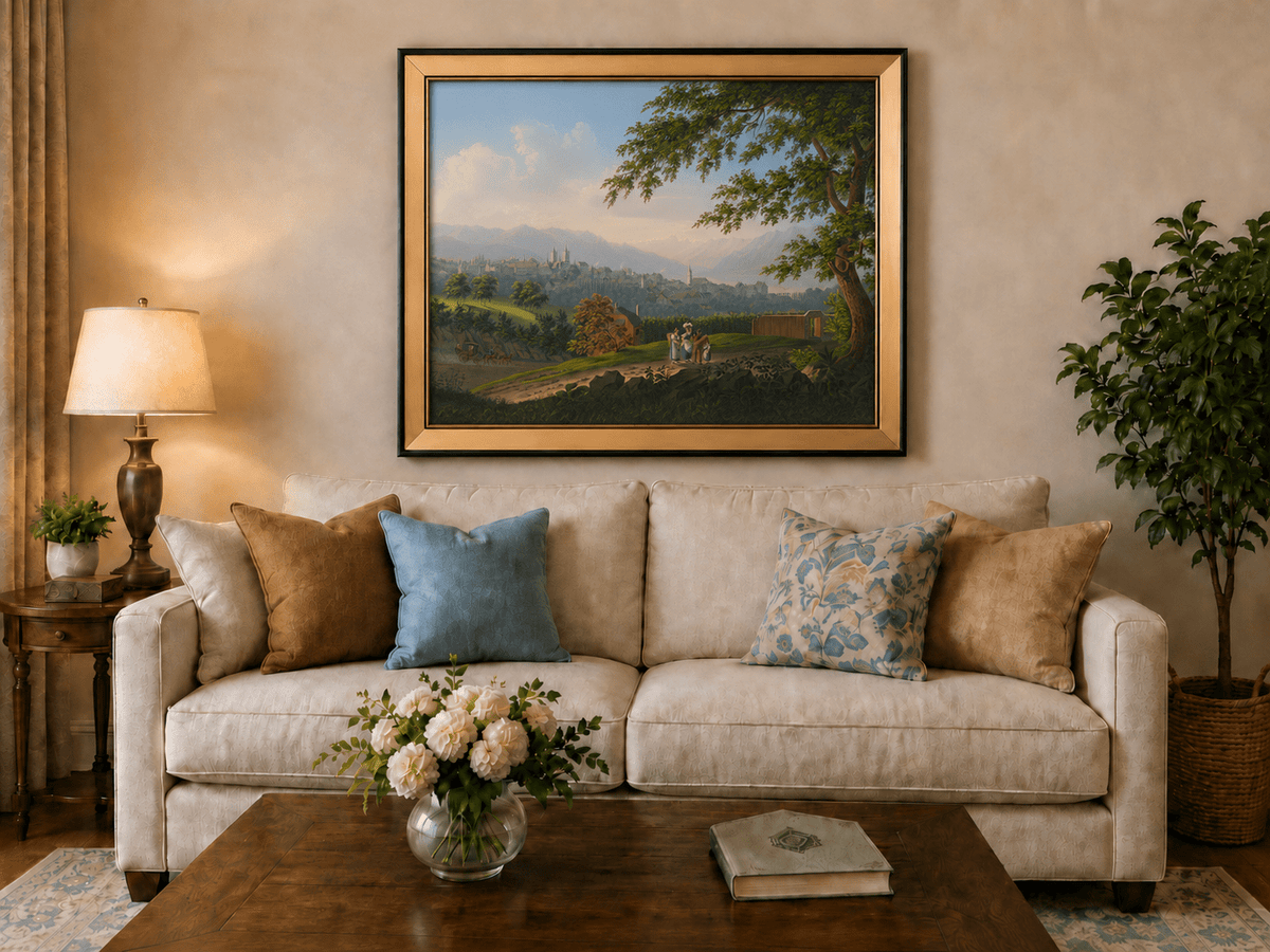 Landscape Oil Painting - Hilltop Town and Lake Mountain Panorama