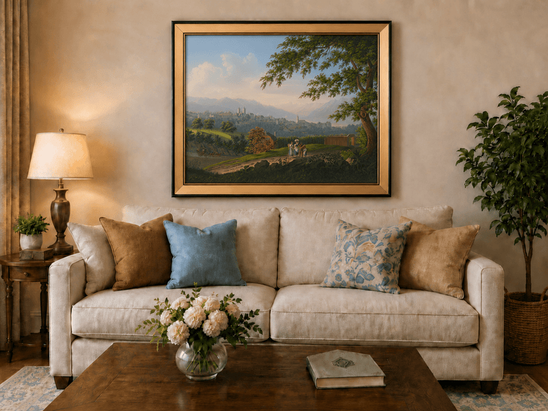 Landscape Oil Painting - Hilltop Town and Lake Mountain Panorama