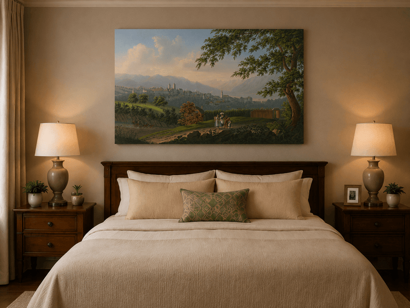 Landscape Oil Painting - Hilltop Town and Lake Mountain Panorama