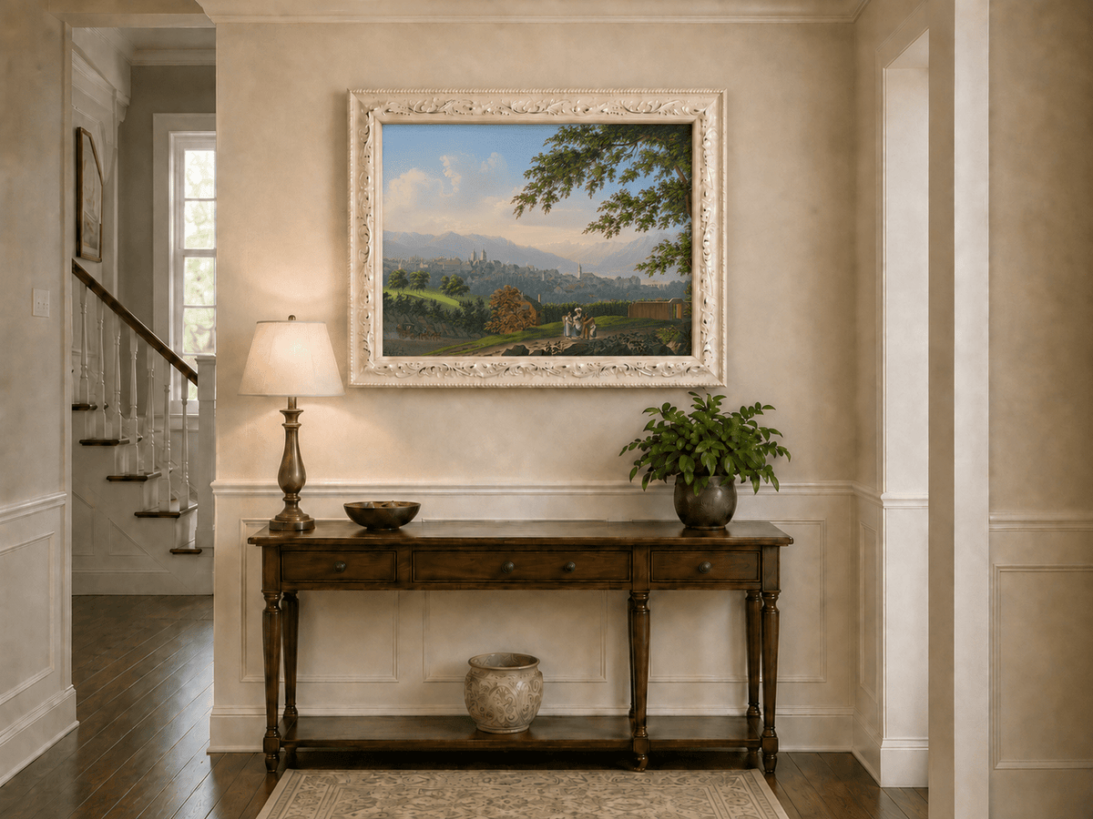 Landscape Oil Painting - Hilltop Town and Lake Mountain Panorama