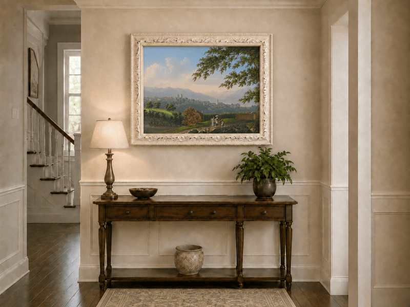 Landscape Oil Painting - Hilltop Town and Lake Mountain Panorama
