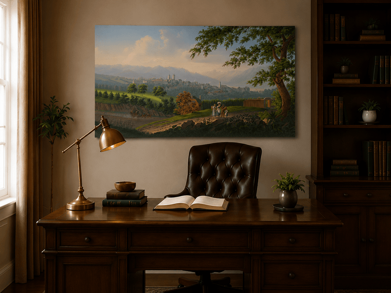 Landscape Oil Painting - Hilltop Town and Lake Mountain Panorama