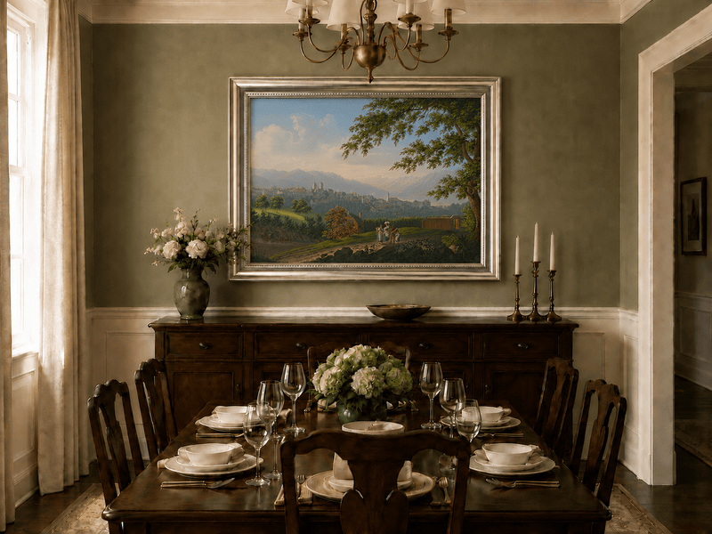 Landscape Oil Painting - Hilltop Town and Lake Mountain Panorama