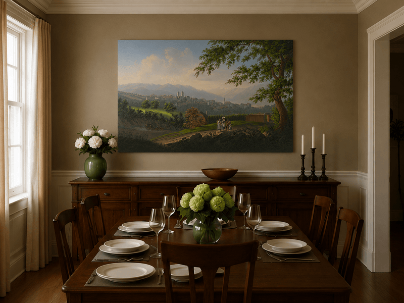Landscape Oil Painting - Hilltop Town and Lake Mountain Panorama
