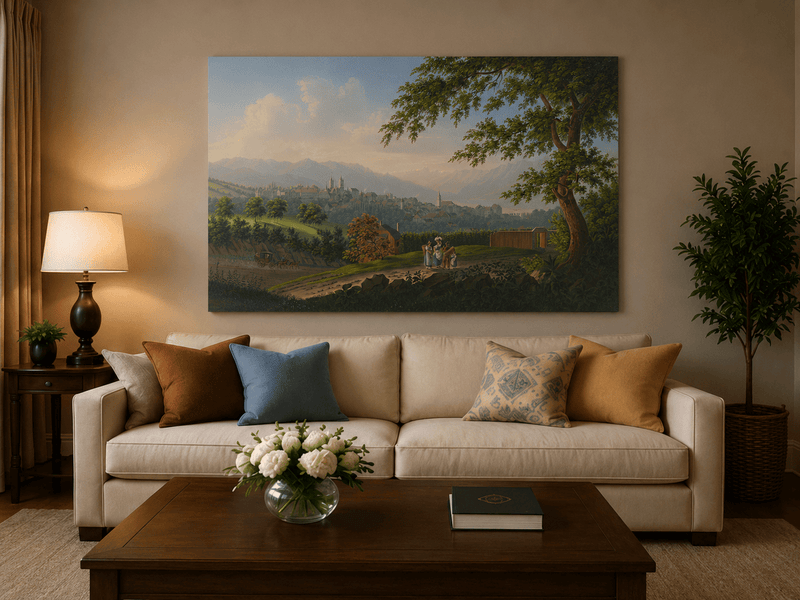 Landscape Oil Painting - Hilltop Town and Lake Mountain Panorama